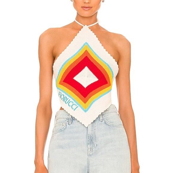 NWT Fiorucci Desert Rise Knitted Bandana Crochet Beige Color Halter Tie Top S - Picture 2 of 3
